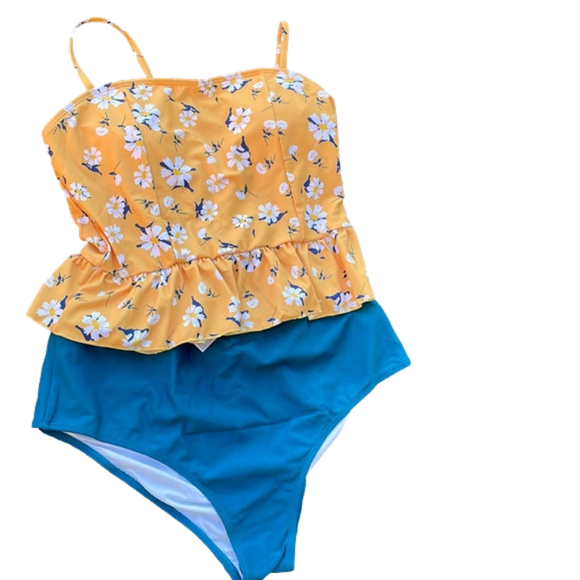 Swimsuit 2 Piece Ruffle Tummy Control Peplum Spaghetti StrapTankini Med - Picture 1 of 9